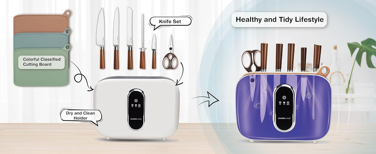 Charmline Smart Cutting Board and Knife Set with Holder. Double Cleaning and Drying Function. Space Saving Smart Home Gadgets. Keeping Kitchen Clean and Tidy