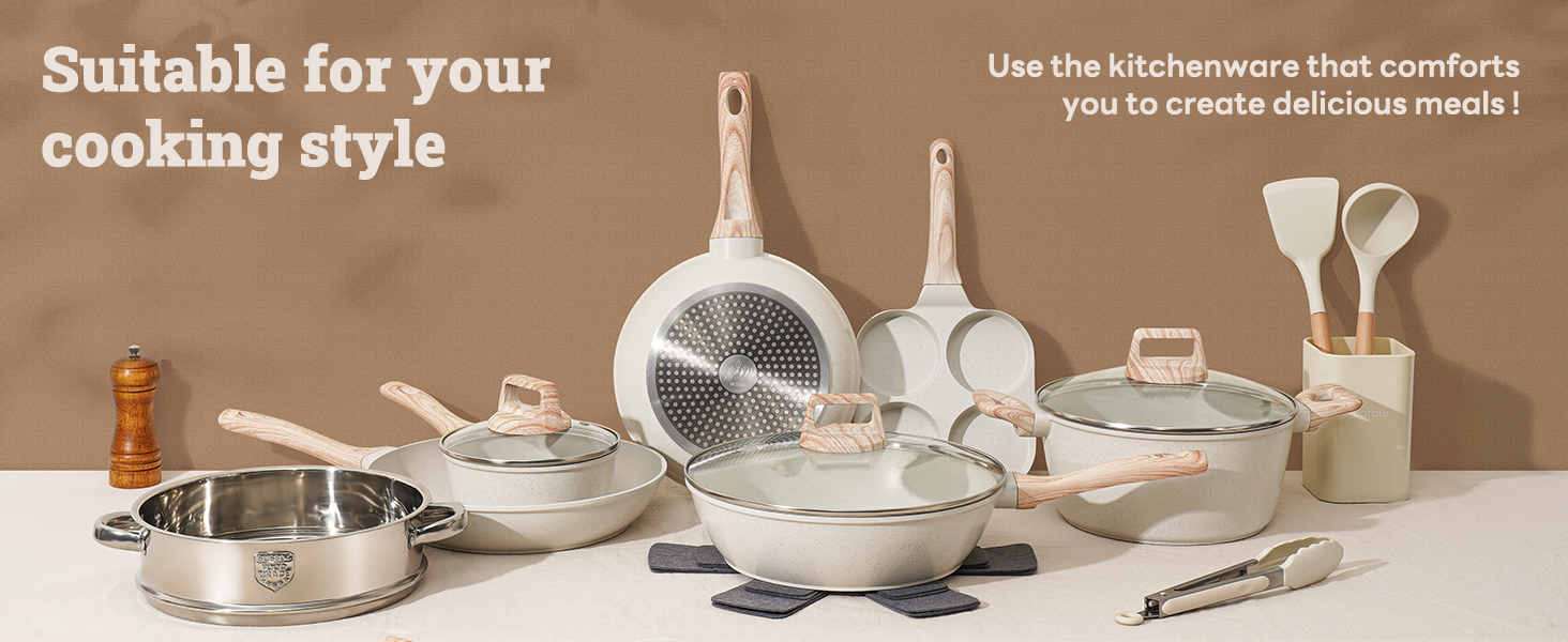 17 Pcs Pots and Pans Set Non stick .Cookware Sets White Granite Induction Cookware. Non-toxic Healthy Non Stick Kitchen Cooking Set with Frying Pans Set. Saucepans (PFAS. PFOA. PFOS Free) White